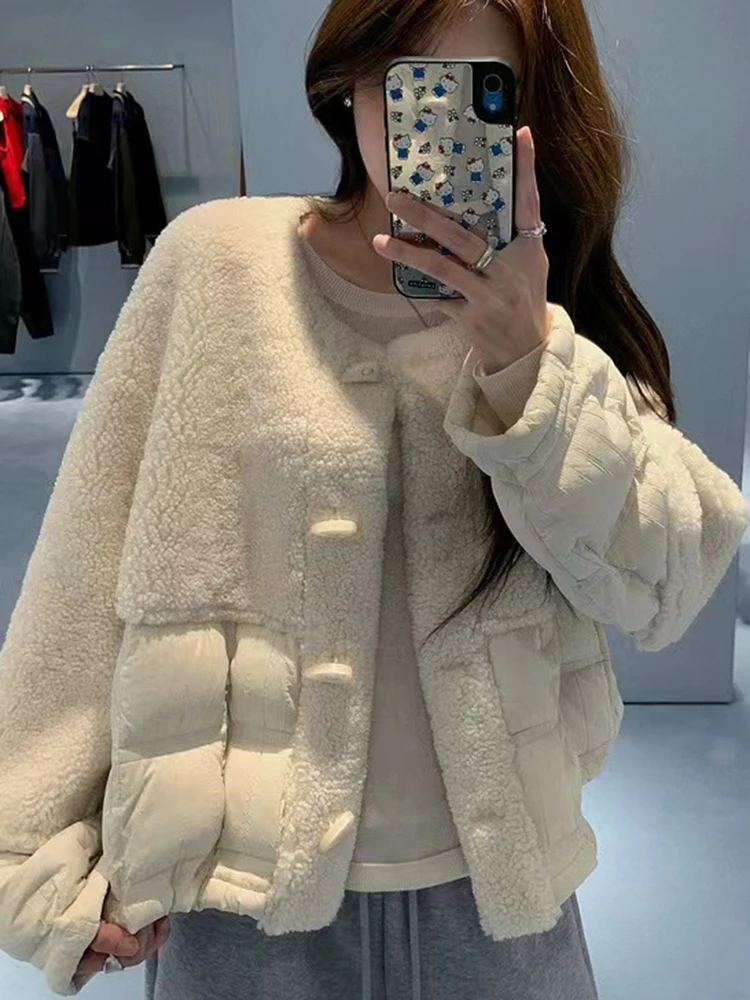 

Winter Lamb Wool Splicing Warm Down Jacket Women White Duck Down Thicken O Neck Parker Outwears Female Single Breasted Jackets