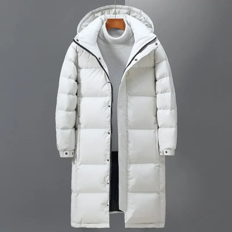 Casaco masculino longo com capuz Puffer, casaco grosso quente, pato branco para baixo Parkas, Casaco à prova de vento, inverno