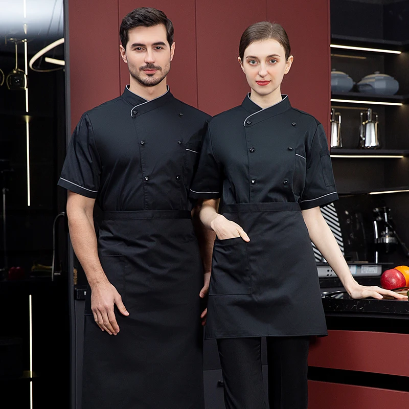 Veste de cuisine respirante unisexe, logo gratuit, manteau à manches courtes, uniforme de chef, restaurant, hôtel, 73 vêtements de barbier, gilet de travail