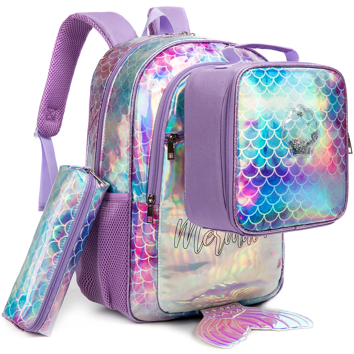 Mermaid Backpack for Girls Sequin Backpacks for Elementary Preschool Students Kids with Lunch Box Gift Package for Teen Girls