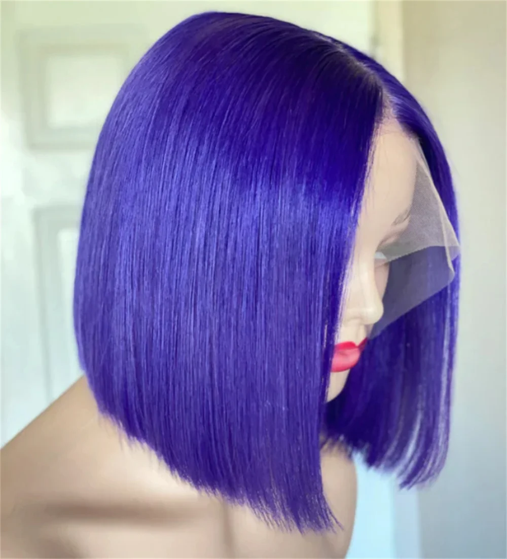 Short Bob 16Inch Glueless Purple 180Density Straight Lace Front Wig For Women with Babyhair Preplucked Heat Resistant Cosplay