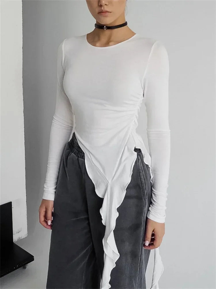 

New White Knit Slim T-shirt Pullover Female Ruffled Patchwork See-Through Long Sleeve Y2k Sexy Inner Top Women's Knitwear Tee