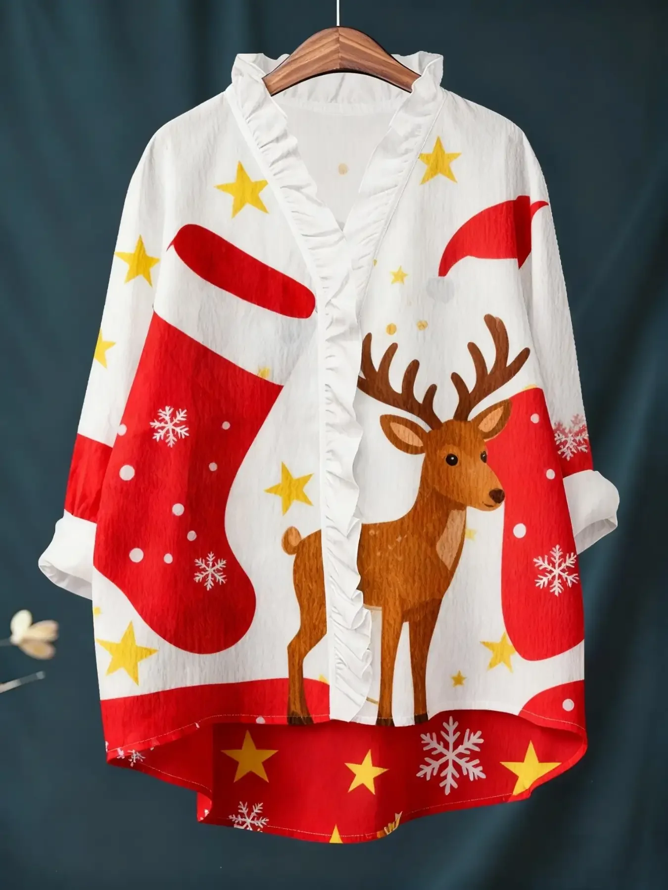 Women's Christmas Digital Printed New Long Sleeve Shirt with Ruffle Collar, Red and white patchwork wreath pattern top