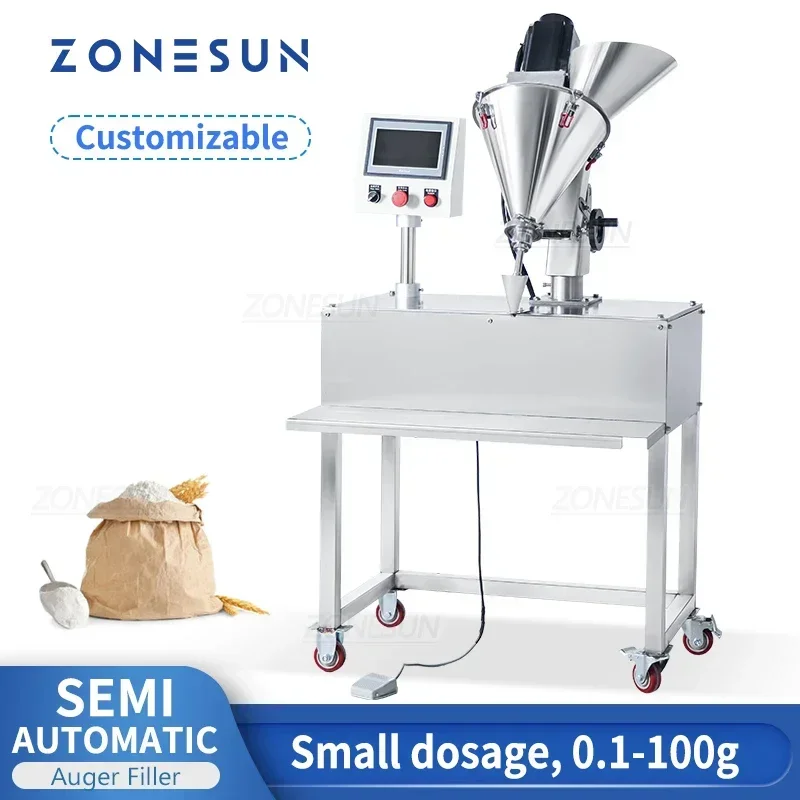 ZONESUN ZS-FM100P Semi-Automatic Auger Filling Machine Small Dosage Food Powders Pellets Sugar Plastic Granules Packing