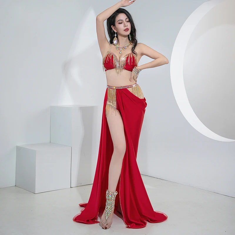 Soutien-gorge à bretelles clouté de diamants imbibés de danse du ventre, grande jupe balançoire fendue, ensemble de vêtements de performance, vêtements financièrement de compétition phtaline