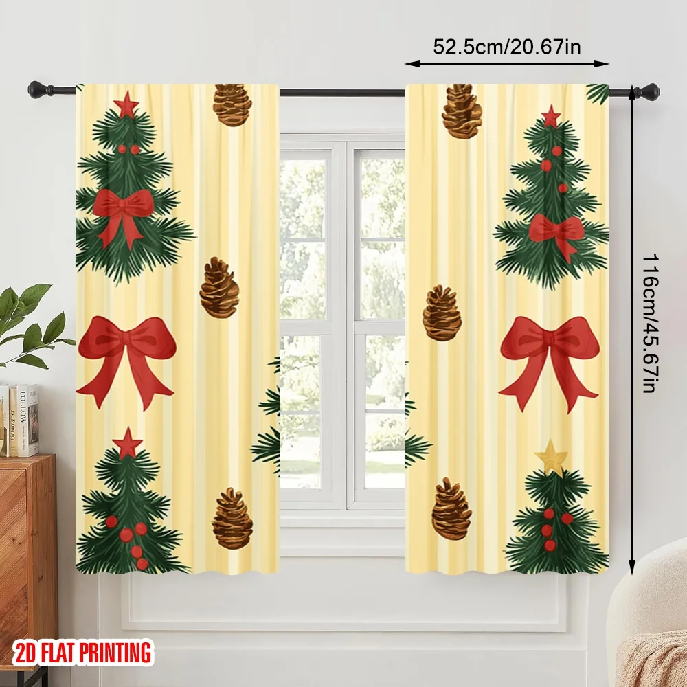 2pcs,2D plane printing Popular Curtains Christmas Trees Bows Snowflakes Versatile Polyester Fabric (without rod) Outdoor