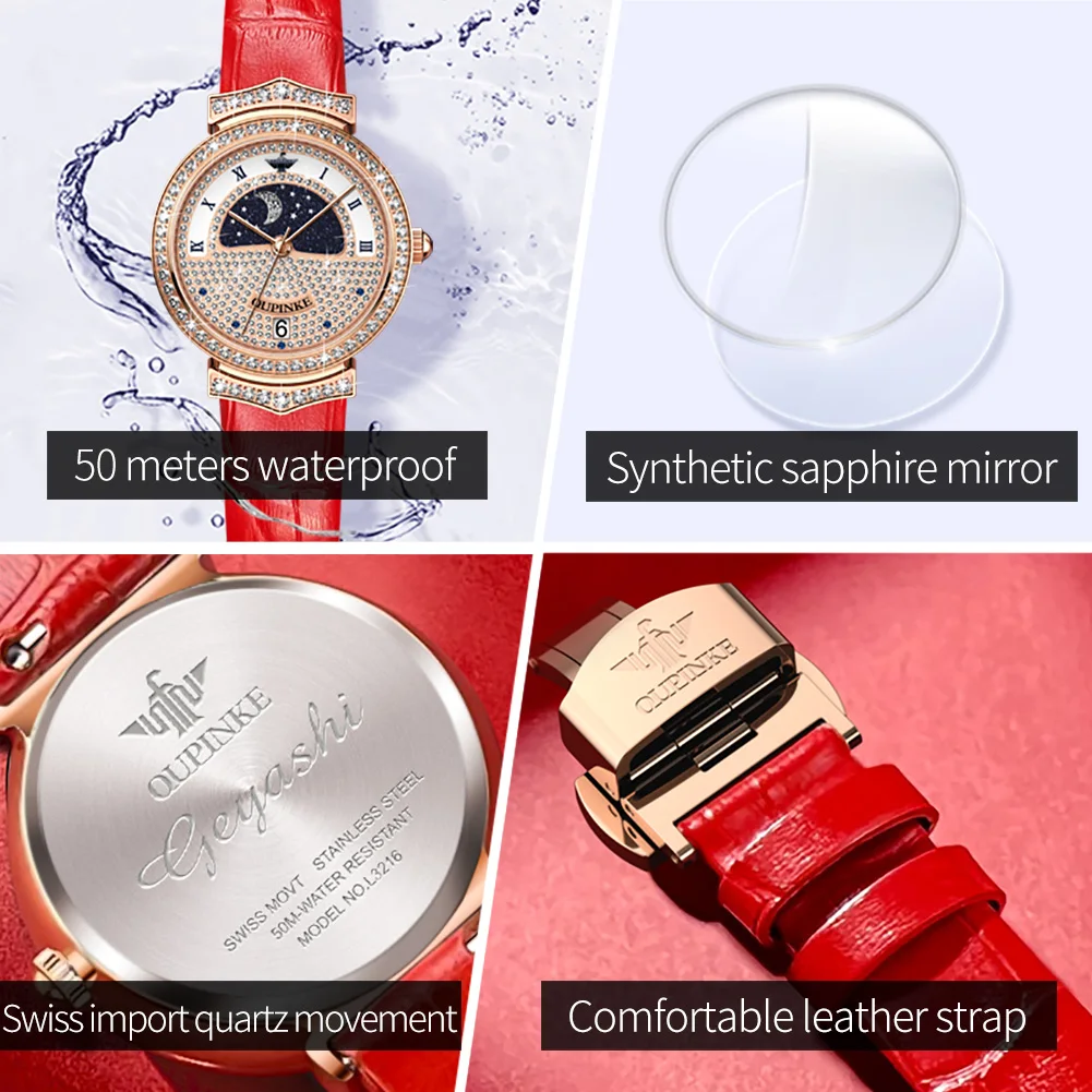 OUPINKE 3216 Women Watch Luxury Elegant Leather Quartz Wristwatch Waterproof Luminous Ladies Date Fashion Watch Moon Phase
