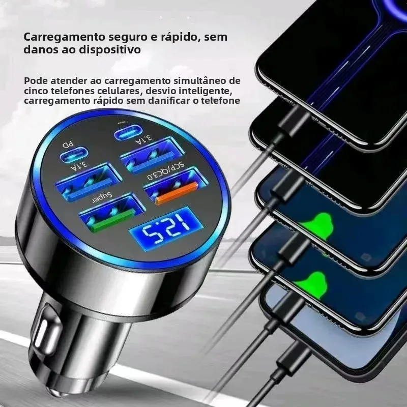 Carregador de Carro Super Rápido com 6 Portas e Display de Voltagem USB QC3.0 PD Adaptador de Acendedor de Cigarros para iPhone Samsung Xiaomi