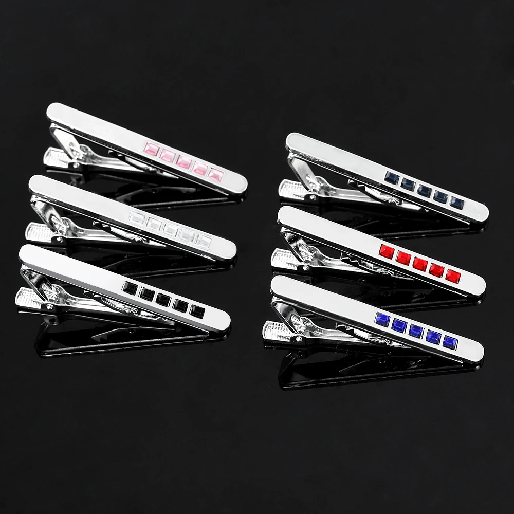 6Styles Funny Red Black Blue Pink Clear Crystal Paved Mens Tie Clip Classic Formal Party Anniversary Jewelry Accessories