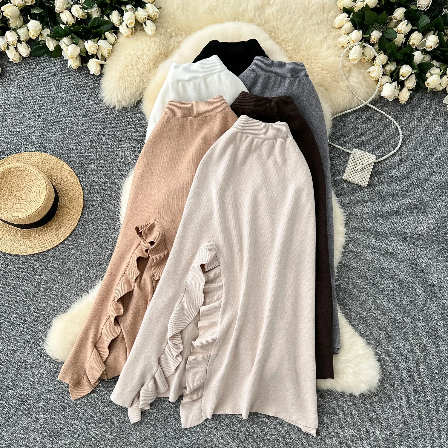 High Street Ruffles Vintage Split High Waist  A-Line Knit Skirt French Basics Office Lady Autumn Winter Fashion Elastic Clothing