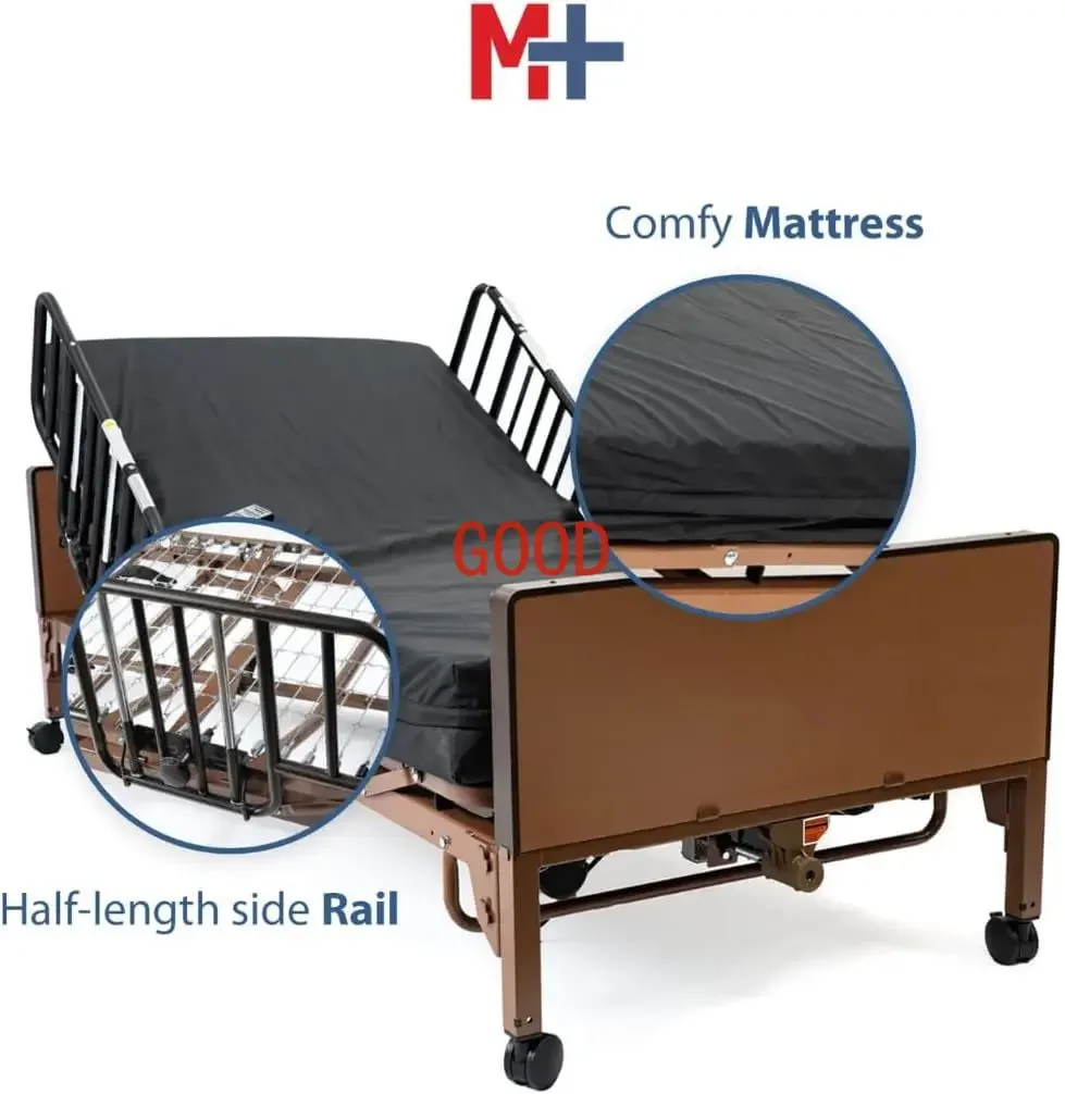 Full Hospital Bed Set Foam Mattress and Half Rails Included Enhanced Comfort and Convenience Adjustable Head and Foot Positions