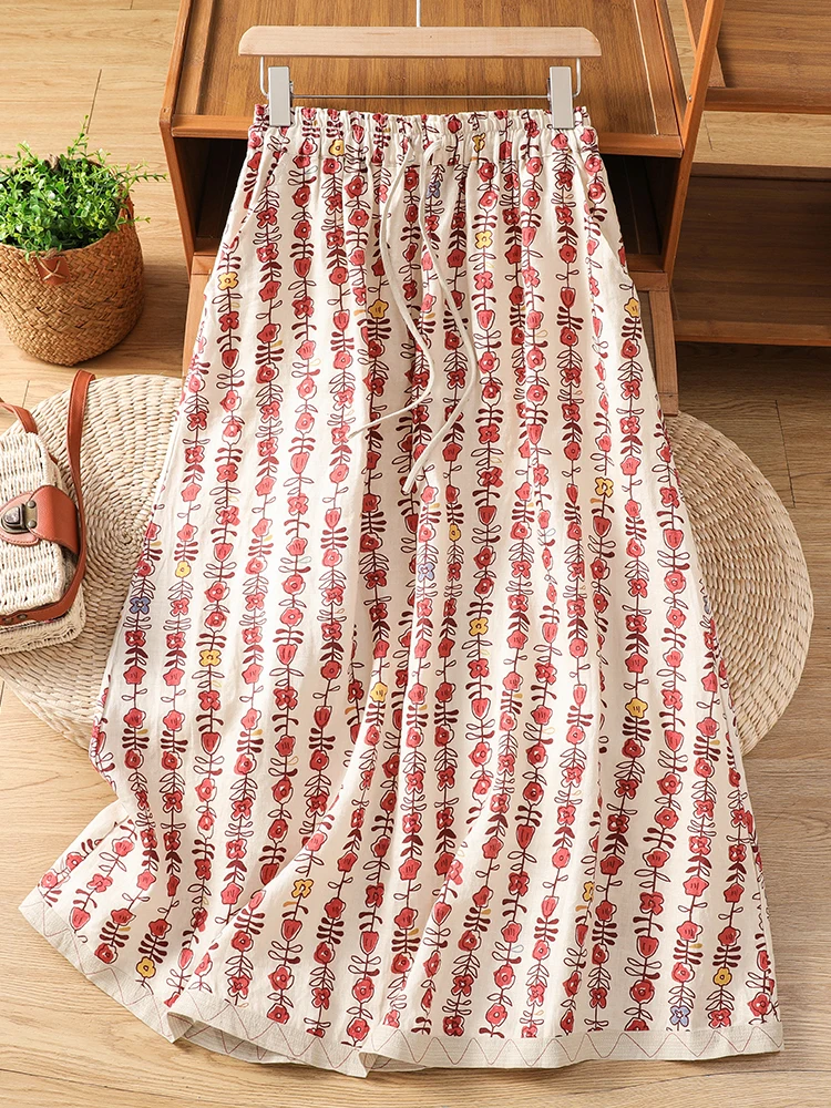 

Elegant Floral Cotton Linen A-Line Skirt Women's Summer Lightweight Breathable High Waist Draped Slimming Younger Lookin...