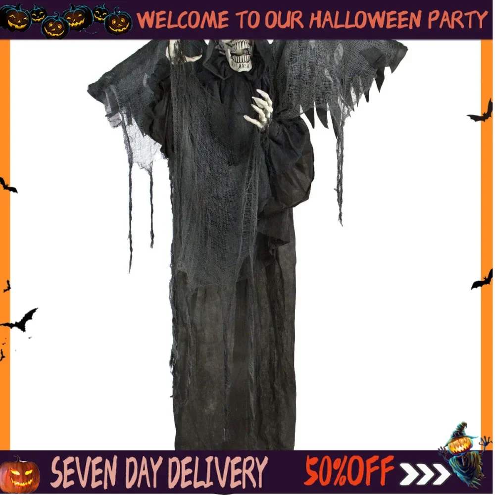 Halloween Decorations Skeleton Reaper with Wings, Poseable Halloween Animatronic with Touch Activated Lights and Sound, Battery