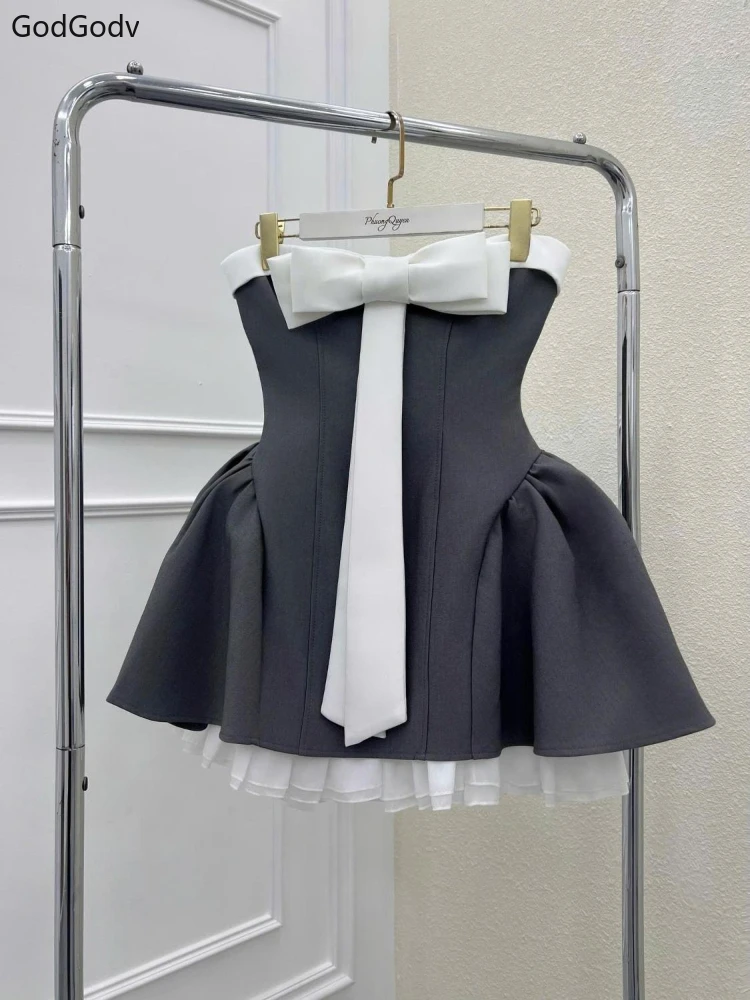 Summer New Vintage Elegant Woman Dress Strapless Bow Patchwork High Waist Puffy… - Image 5