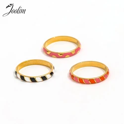 Joolim Jewelry Wholesale High End PVD Fashion Sweety Art Arc Drops Glue Multi-colored Band Stainless Steel Ring For Women