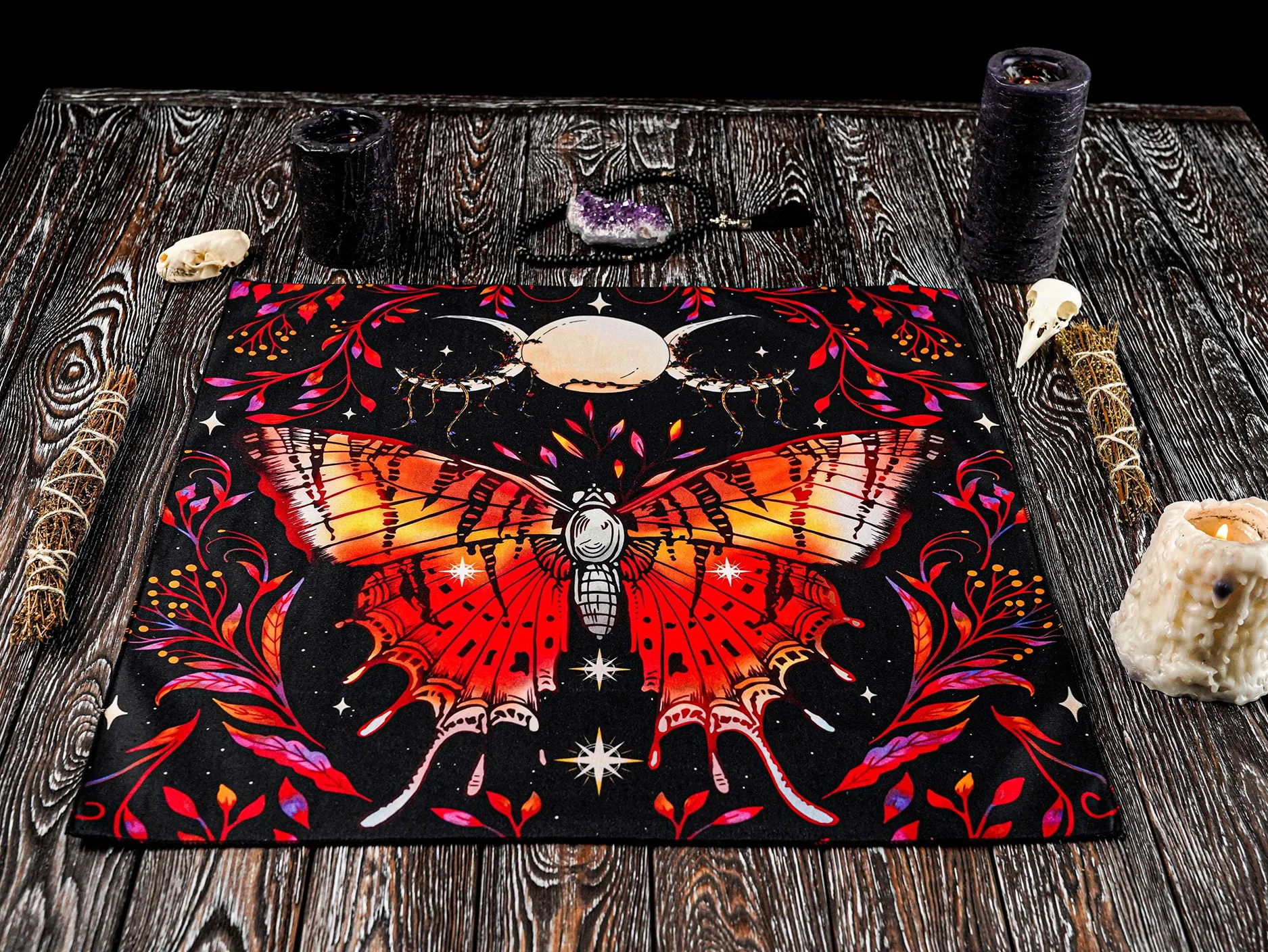Triple Moon Moth Altar Cloth, Wiccan Pagan Tarot Mat, Witchcraft Divination Tablecloth