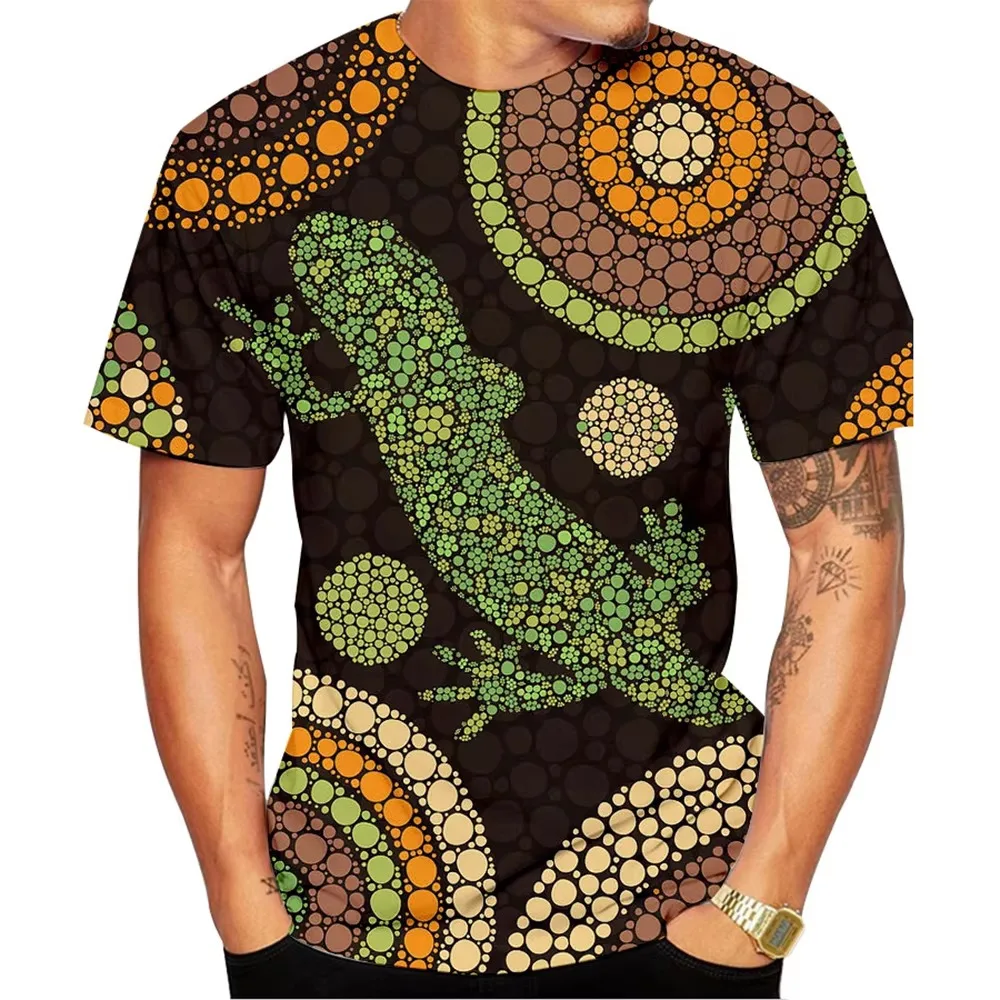 Men Lizard Dot Art T Shirt Aboriginal Gecko Pattern Short Sleeve Casual Tee