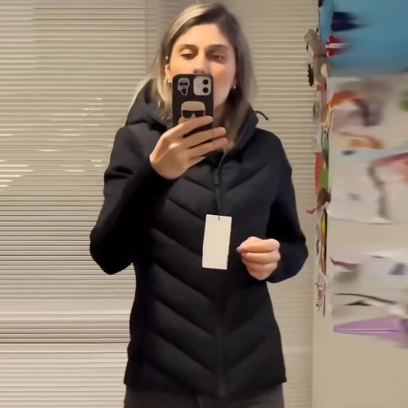 HXAO Czarna Pikowana Kurtka Damska Pół-Sezonowa Krótka Zapinana na Zamek Kurtka z Długim Rękawem Krótka Ocieplana Kurtka Slim z Kapturem Lekka i Ciepła Odzież Wierzchnia