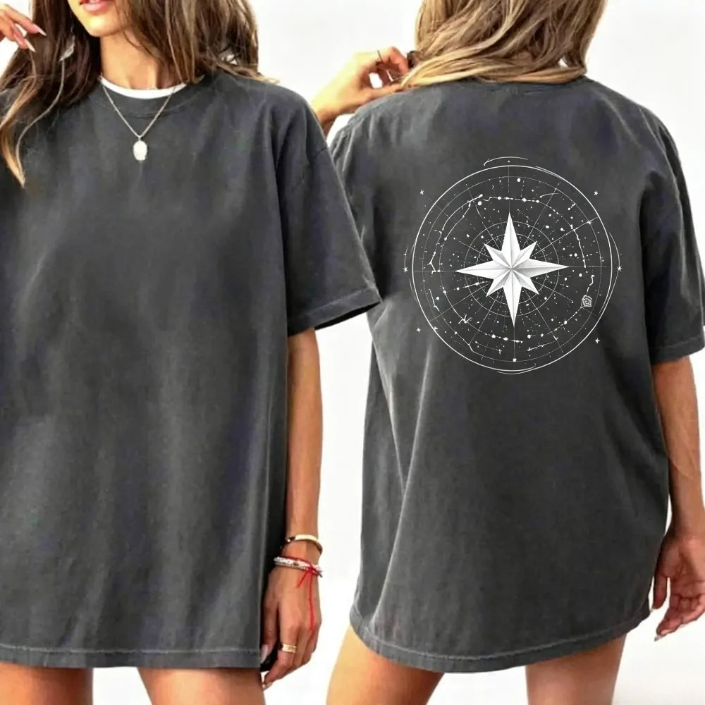 Constellation Star Compass Print Men Cotton T-Shirt Oversized Casual Streetwear Short Sleeve Tops