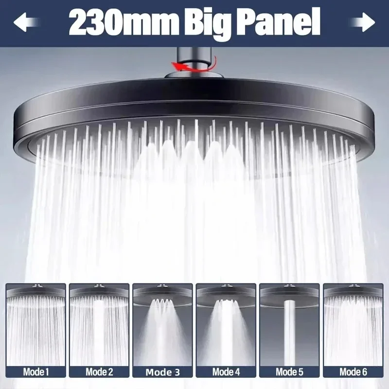 

New 23cm Big Panel Showerhead 6 Modes Supercharge Rainfall Shower Head High Pressure Top Rain Shower Faucet Bathroom Accessories