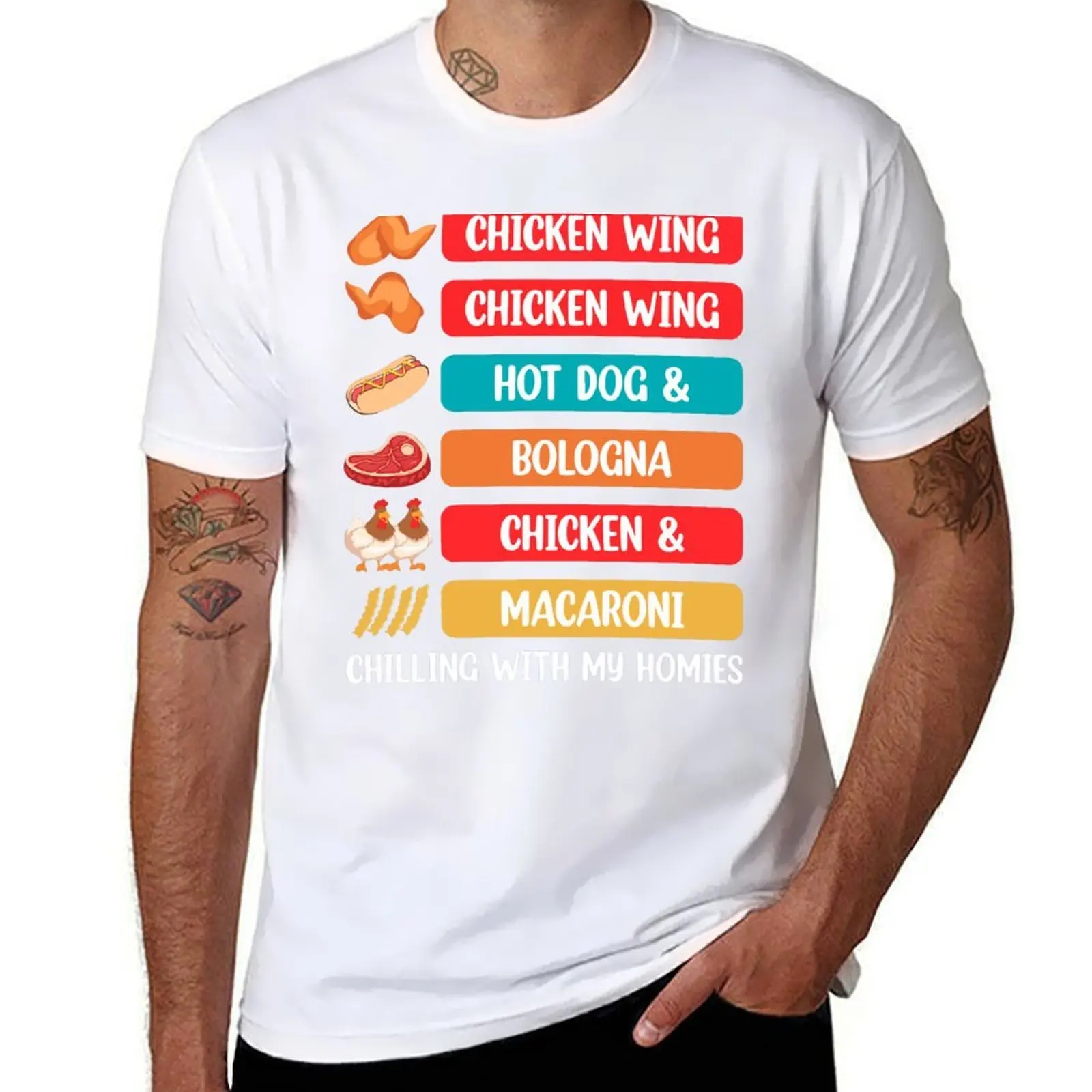 

Chicken Wing Hot Dog And Bologna Chicken And Macaroni T-Shirt t shirts for man cotton funny man t shirt cotton T-Shirt