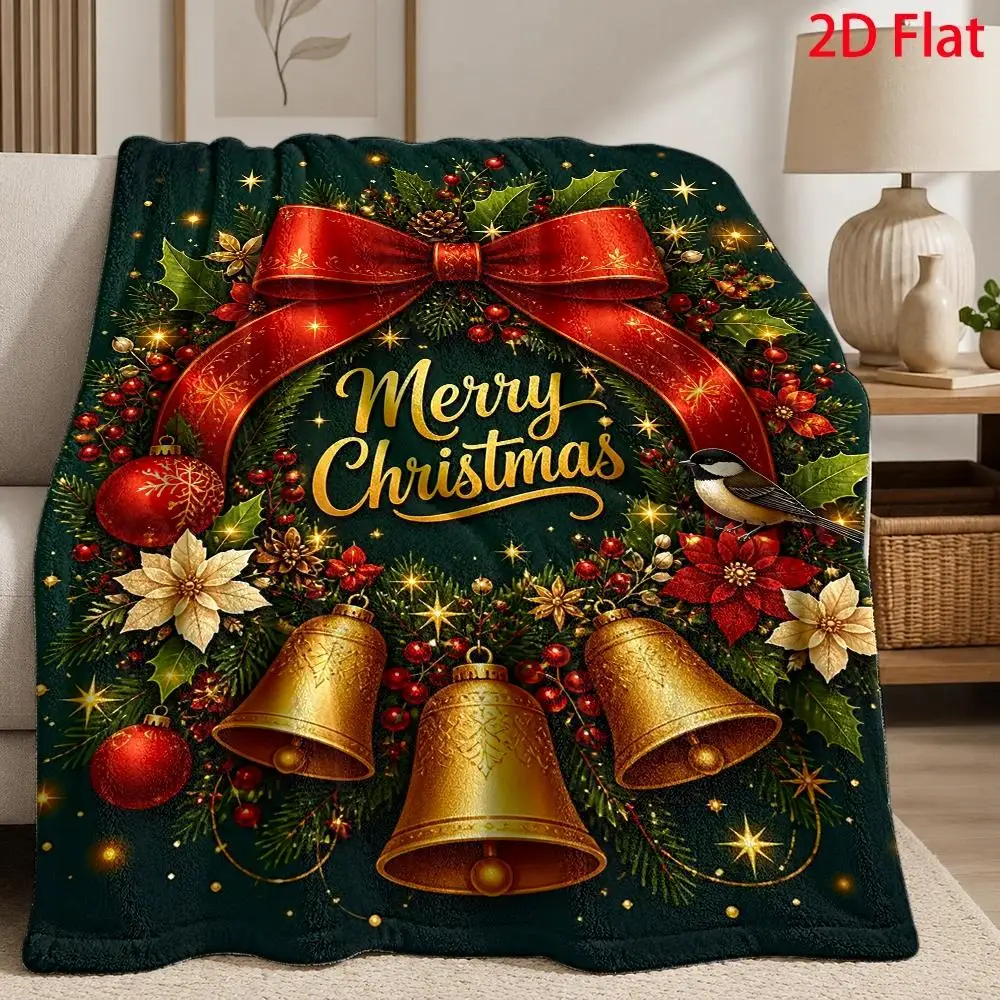 Merry Christmas Blanket Candy Cane Flannel Throw Red Bow Holly Berry Winter Holiday Warm Fuzzy Fleece Blankets Couch Mat