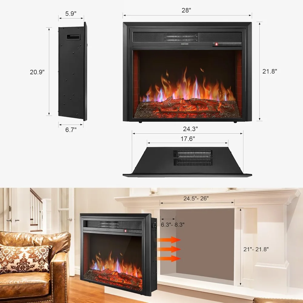 Insert Electric Fireplace, 28-Inch Wide, Freestanding Portable Room Heater with Timer, Digital Thermostat and Remote