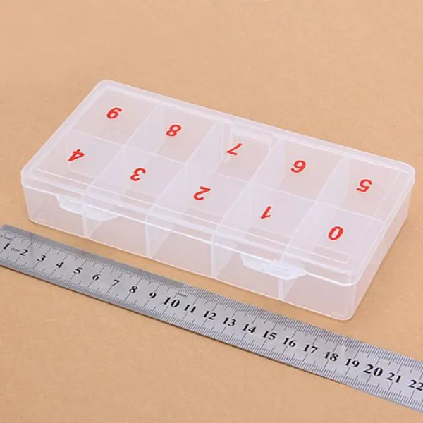 

10-Cell Clear Nail Tip Box PP Plastic Compact Storage Case 17.8x9x3cm Numbered Compartments for False Nails Jewelry Accessories