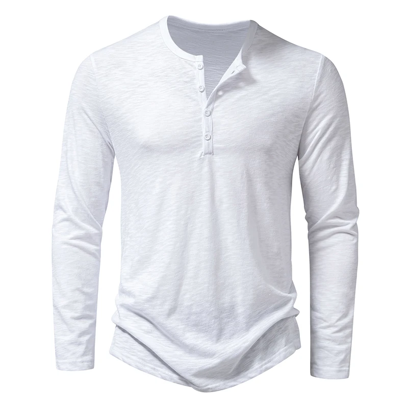 Herfst Nieuwe High-End Heren Katoenen Knoop Henley Hals T-Shirts Mode Effen Kleur Lange Mouw T-Shirt Casual Knoop Top T-Shirts