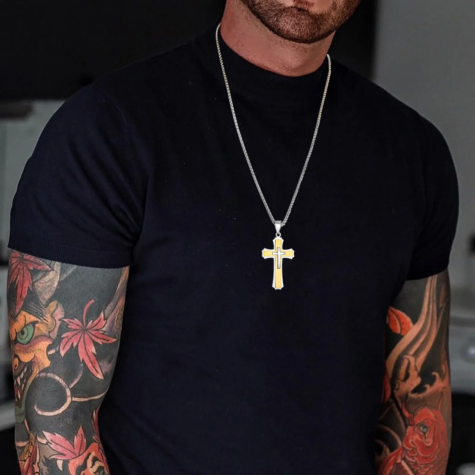 Vnox Chunky Three Layered Cross Necklaces for Men, Black Silver Color Stainless Steel Bold Faith Cross Pendant,Hip Hop Necklace