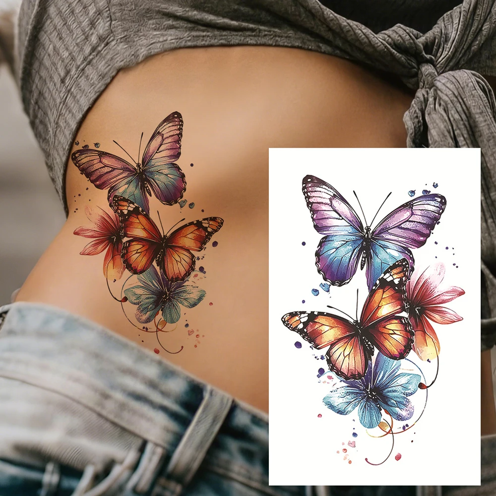 

1pc Butterfly Temporary Tattoo Sticker For Women Flower Fake Tattoo For Hand Leg Body Decor, Waterproof Floral Body Decal