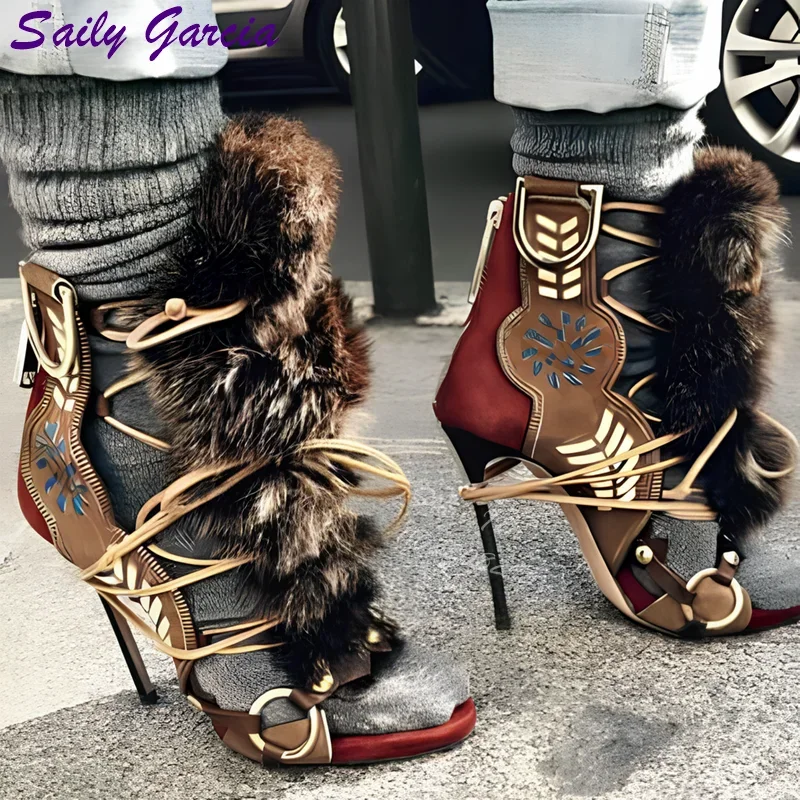 

Retro Faux Fur Stiletto Sandals Round Open Toe Lace-up Thin High Heels Ankle Straps New Fashion Dress Shoes 2025 Women Summer