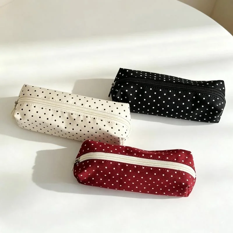 Canvas Polka Dot Pencil Case Smooth Zipper Large Storage For School Students Office Use