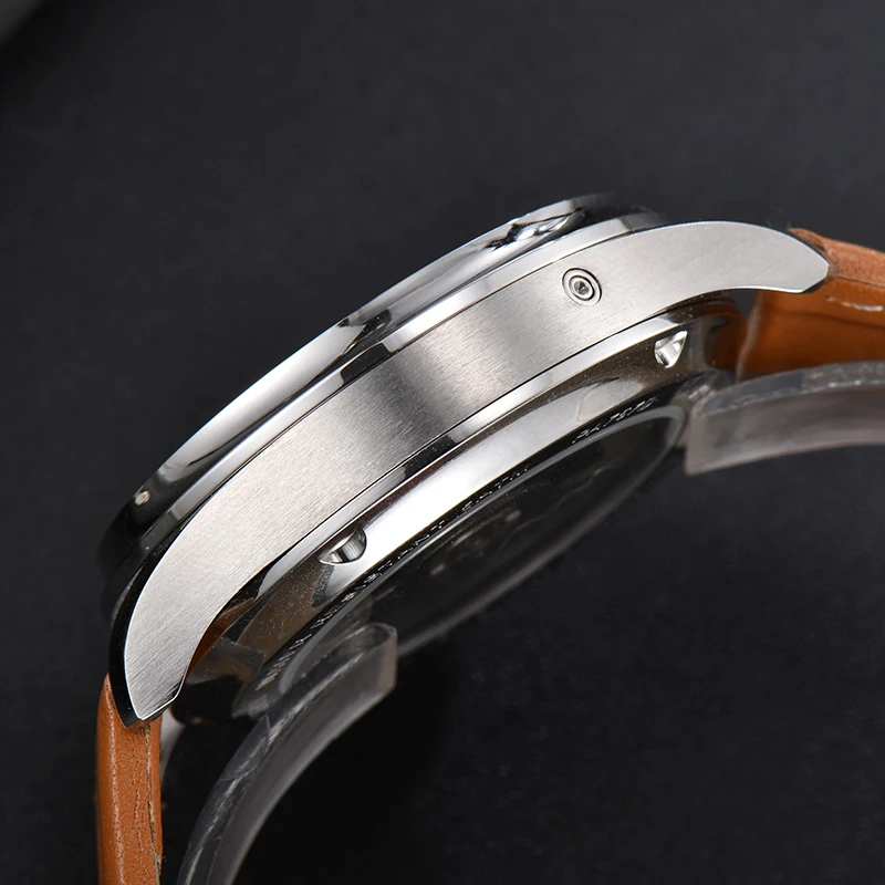 Parnis 43 mm Reserva de energía automática Reloj para hombre Volano Esfera blanca Correa de cuero genuino