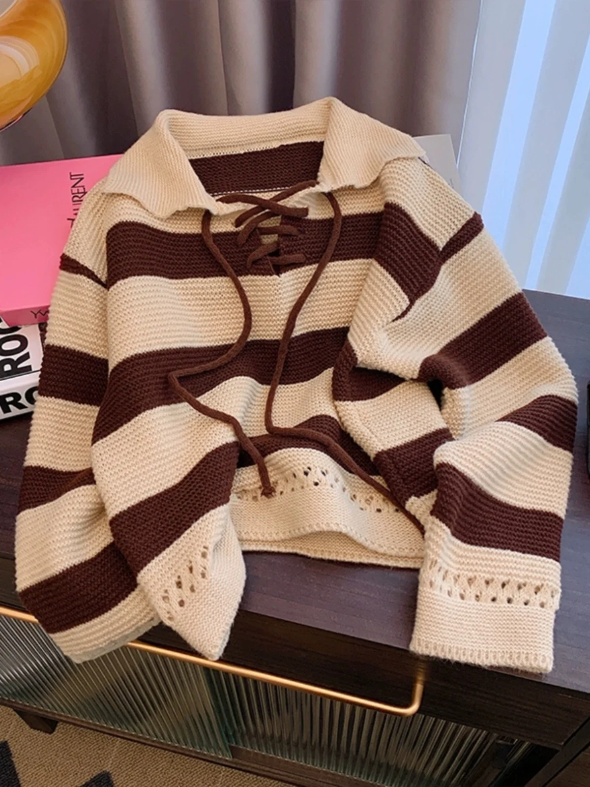

Vintage Striped Pullovers Women Autumn Winter Turn-down Collar Bandage Long Sleeve Knitwear Loose Casual Simple Sweater