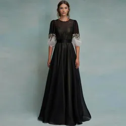 O-neck Tulle Dress Transparent Black Evening Dresses For Women A-line Women Clothing Elegant Applique Dress With Golden Lining