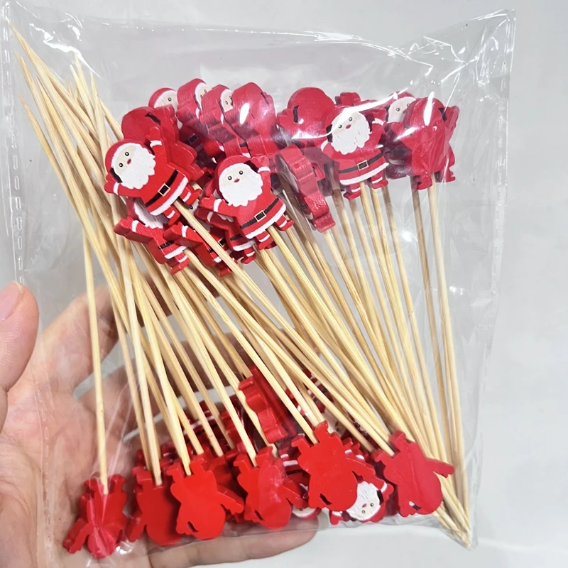 100PCS Santa Claus Bambus Sticks Ornamente Weihnachten Baum Elch Obst Zahnstocher für Lebensmittel Pick Zahnstocher Weihnachten Party Dekoration