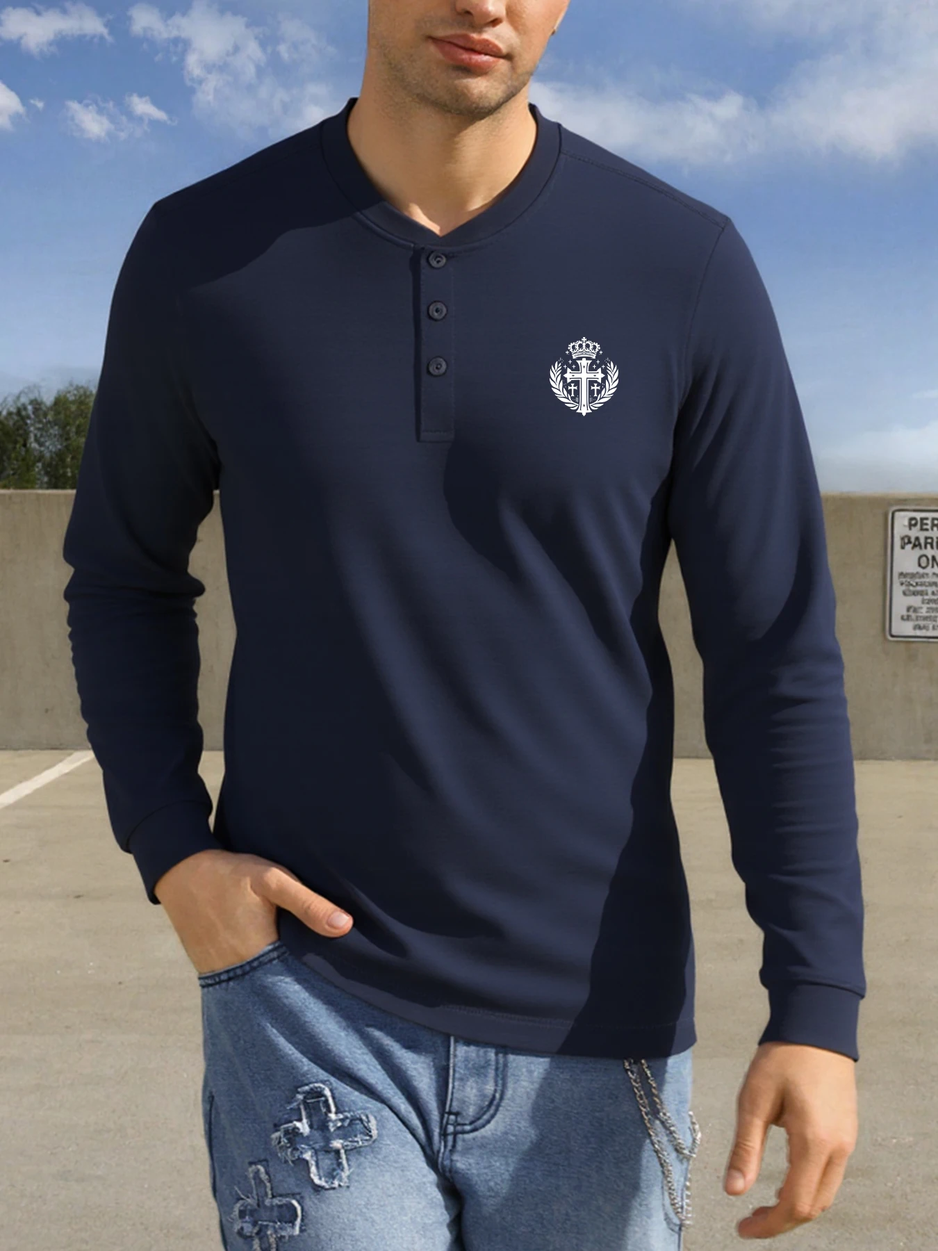 تي شيرت للرجال تاج طباعة الرجال تي شيرت مريح تمتد القمصان العصرية متعدد الألوان المحملة بأكمام طويلة زر هينلي قميص للرجال