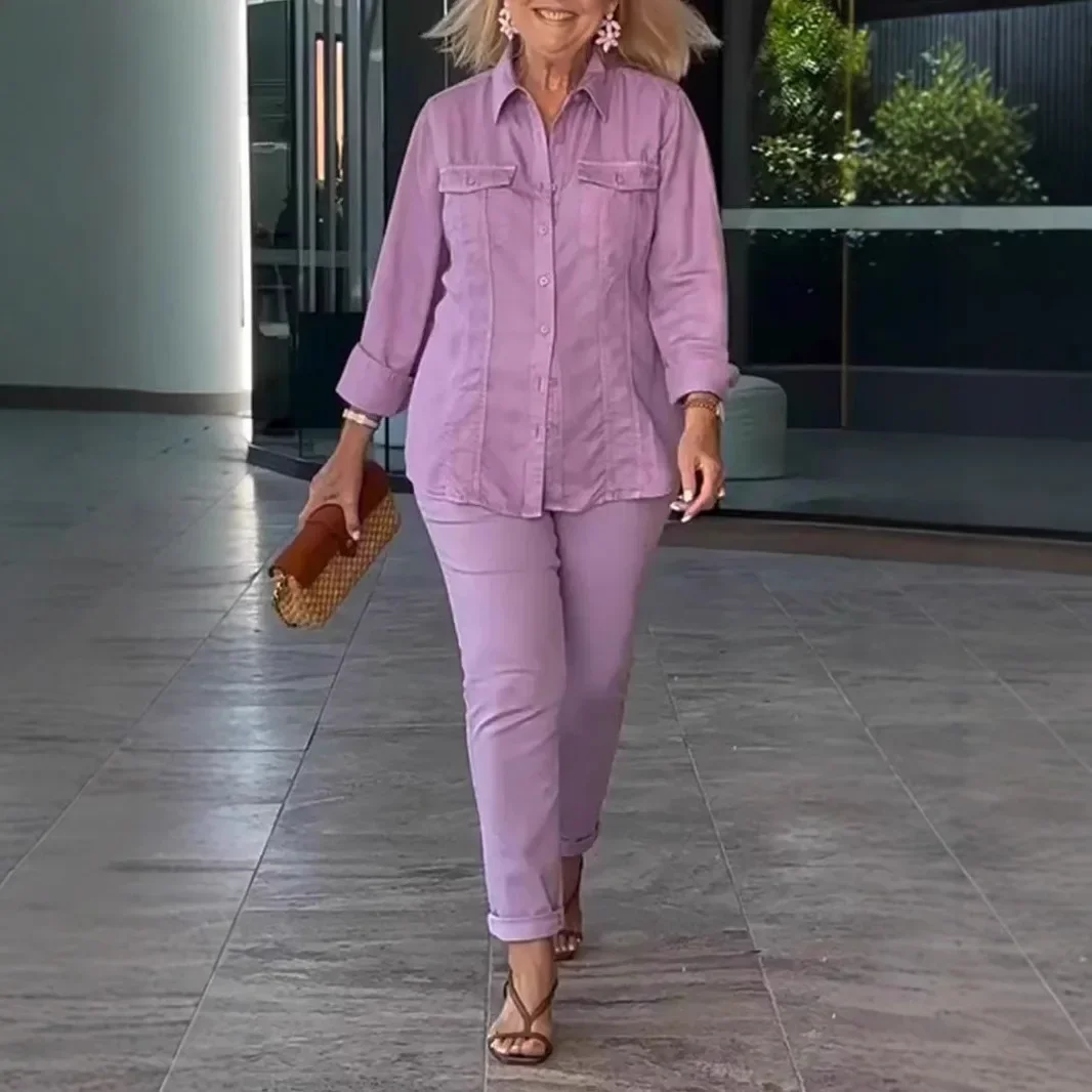 

Spring Summer Fashion Solid Color Two Piece Set Women Lapel Long Sleeved Shirt Long Pants Casual Loose Two Piece Set