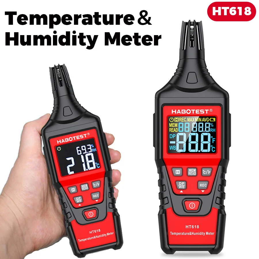 HT618 Digital Temperature Humidity Meter Dew Point Thermometer Hygrometer Psychrometer with Backlight Color Screen Display