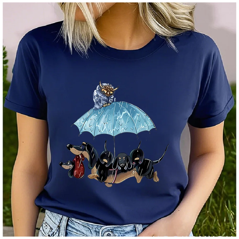 Cotton 100% Cute Dachshunds Owl Under Umbrella Women T-Shirt Cartoon Rainy Dog Print Pet Lover Short Sleeve Casual Tee