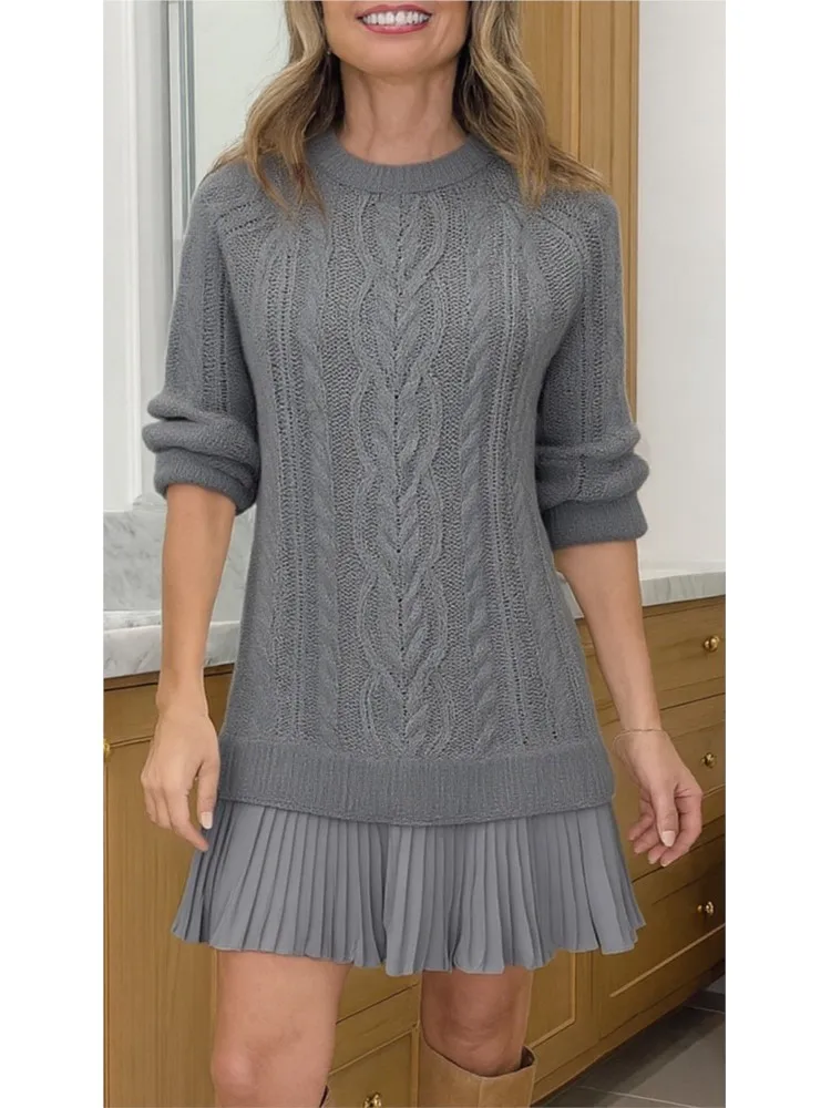 Элегантный однотонный свитер с длинными рукавами и круглым вырезом + короткая юбка ​ ​ Мини-платье для женщин, модное осеннее платье-свитер, женское