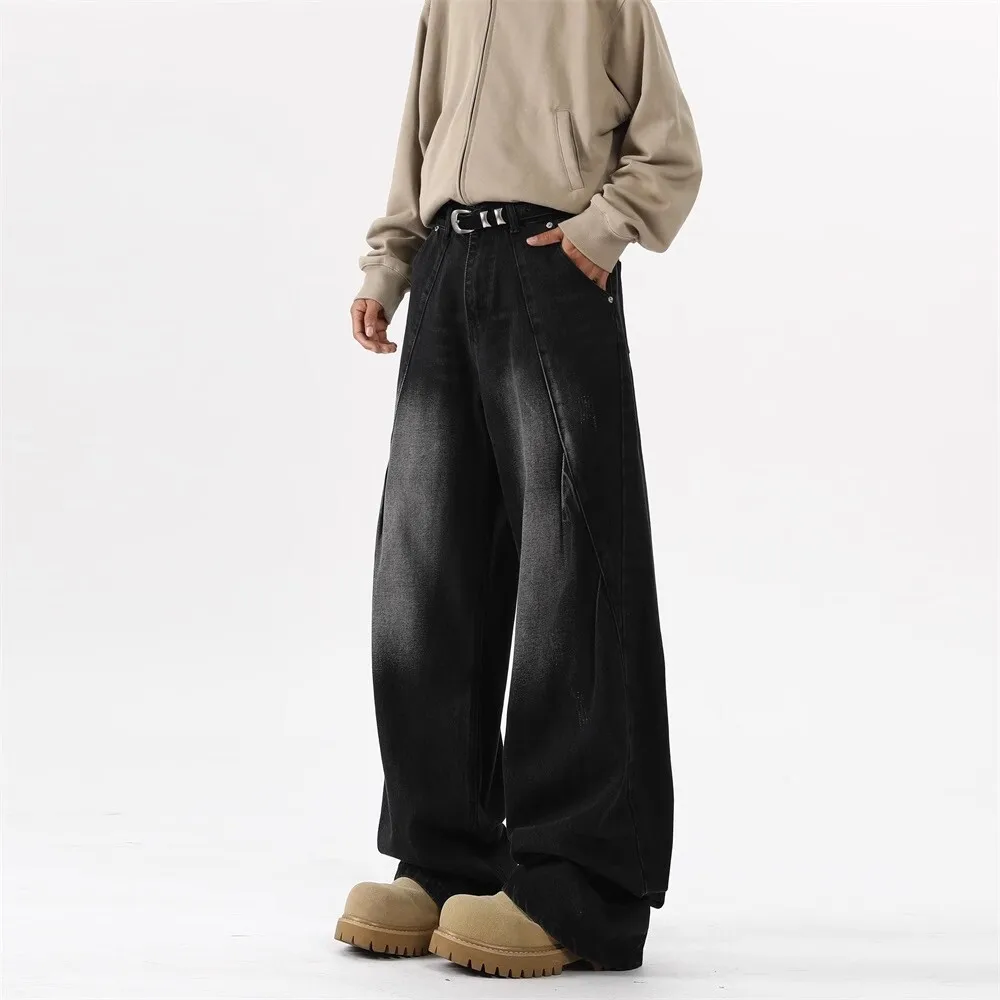 Vintage Men's Straight Wide Leg Washed Loose Fit Baggy Jeans Male Streetwear Cowboy Denim Straight Trousers