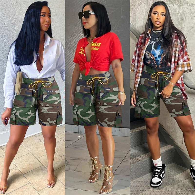 

Cargo Style Camouflage Shorts Women Summer Multi Pockets Elastic High Waist Lace Up Loose Casual Street Mid Pants Camo Trousers