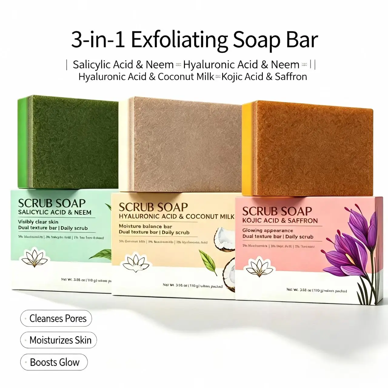 Scrub Bar Soap | Salicylic Acid & Neem Infused Daily Exfoliating Cleanser with 5% Niacinamide,2% Salicylic Acid,1% Tea Tree Extr