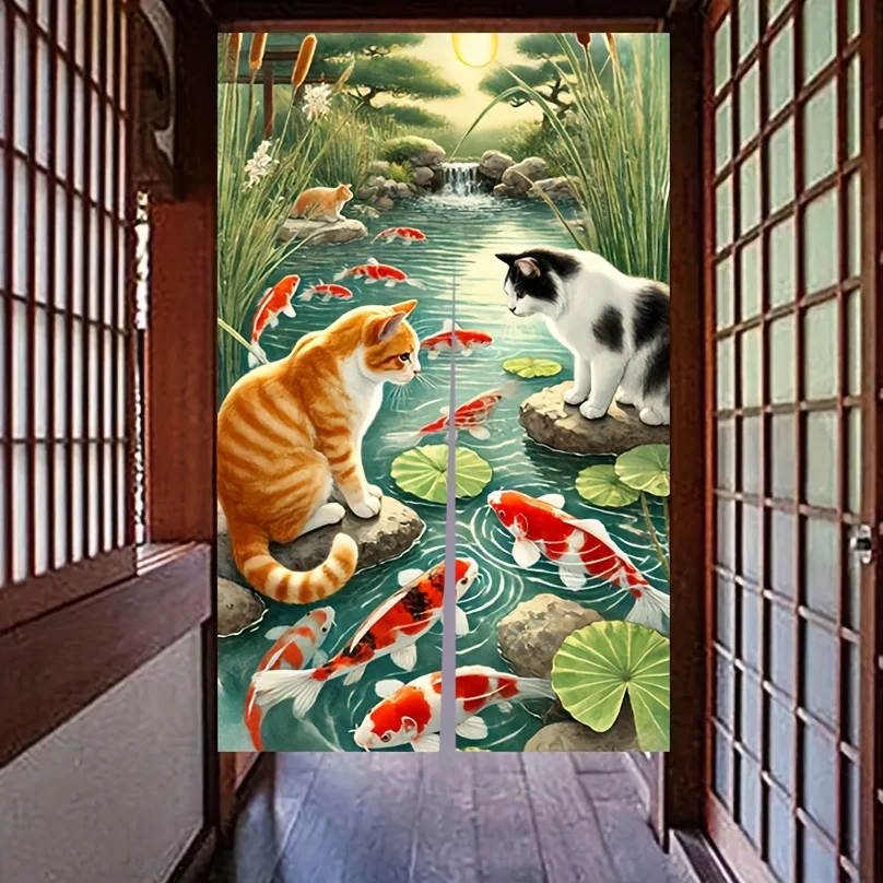 Contemporary Linen Door Curtain with Cat and Koi Fish Design, Hand Wash Only, Smoke-Proof Knit Weave, Artistic Pastoral Theme