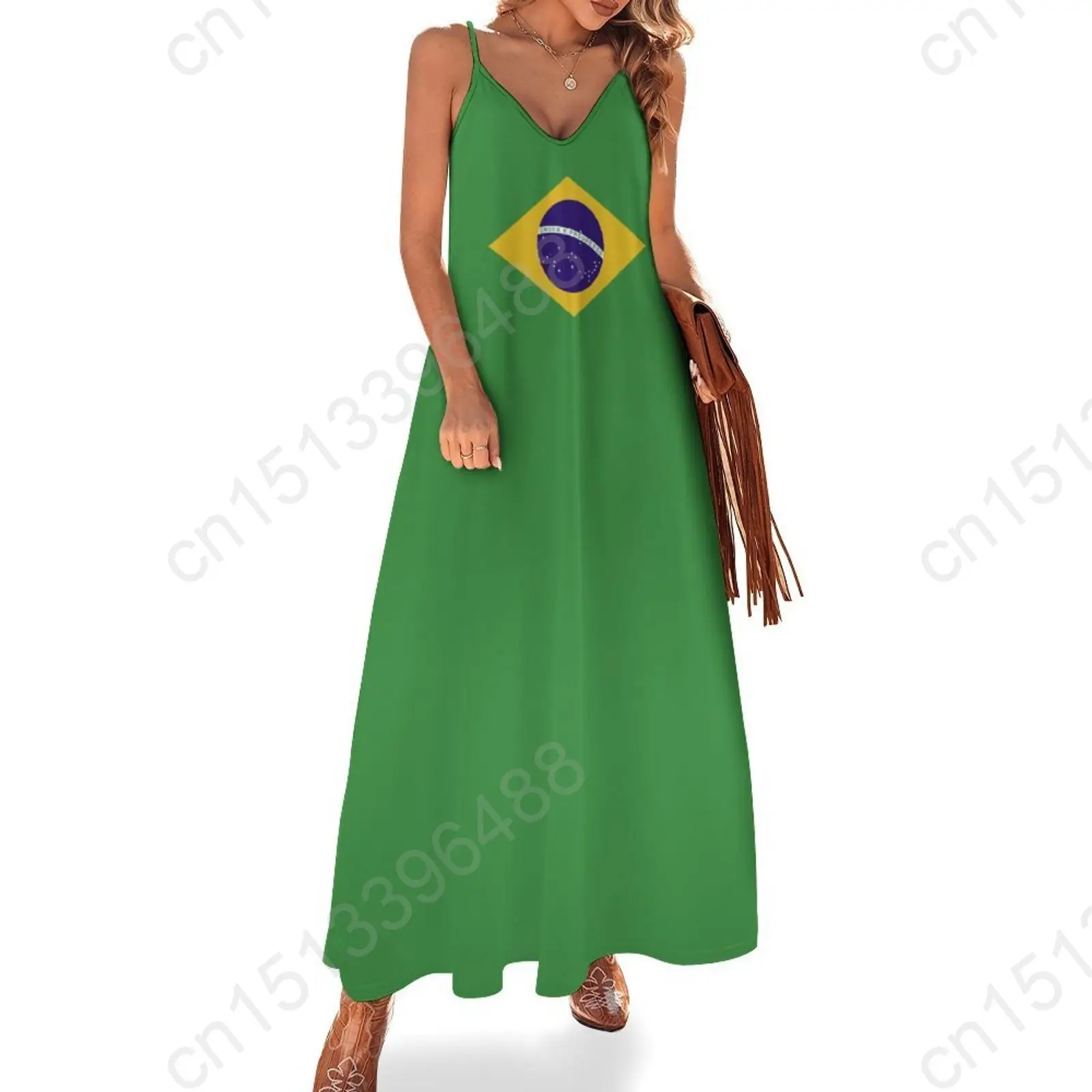 

Brazil Flag Print New Casual Sleeveless Long Dress Women's V-Neck Printed Dress Swing Retro Dresses