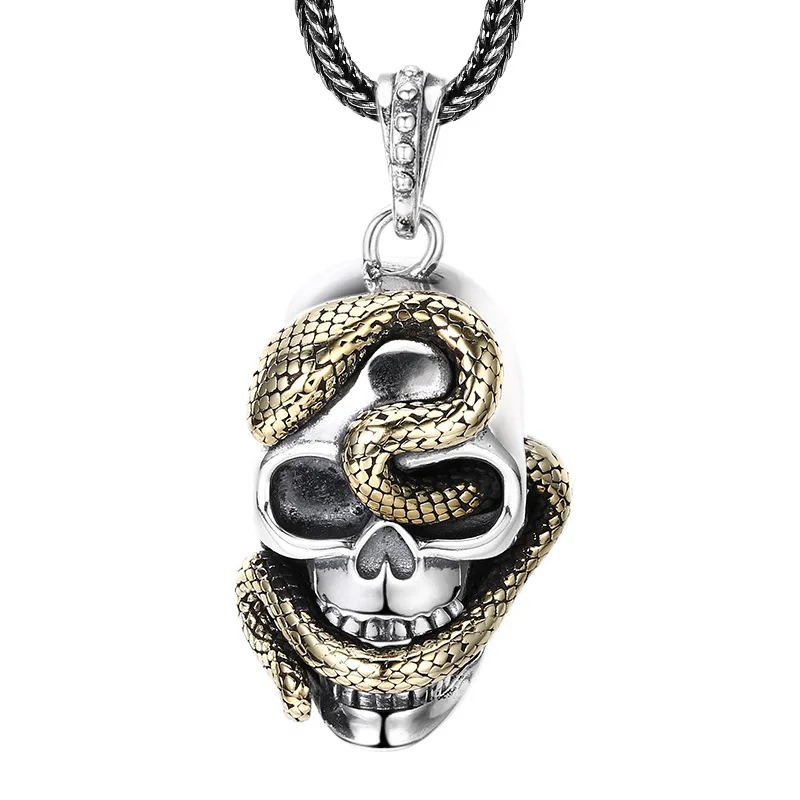 Antique Style 925 Sterling Silver Python Skull Charm Pendant, Unique Gothic Men's Necklace Gift