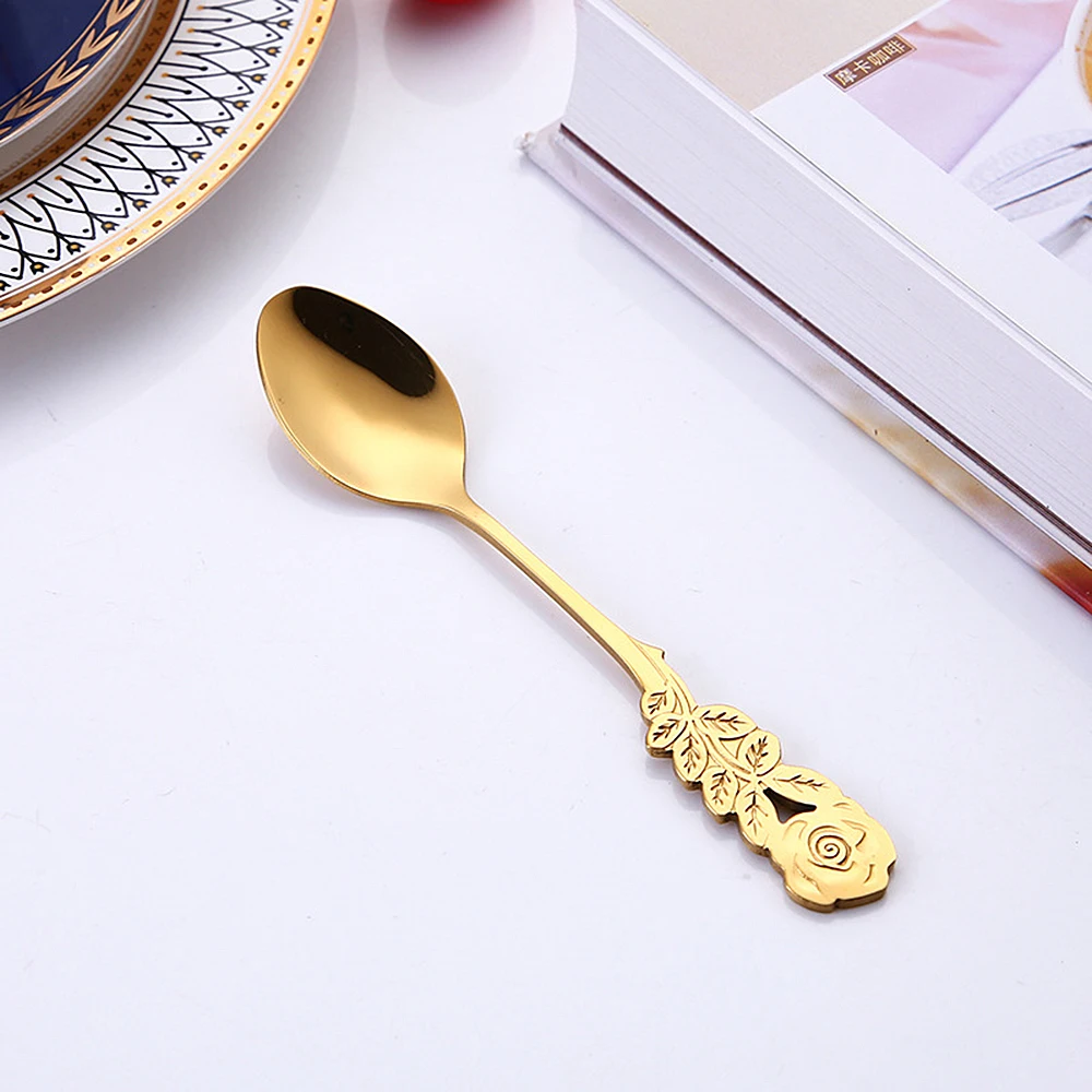 Tea Stirring Spoon Ice Cream Scoop 304 Stainless Steel Rose Flowers Spoons Rainbow Coffee Tea Spoon Flatware Drinking Tools