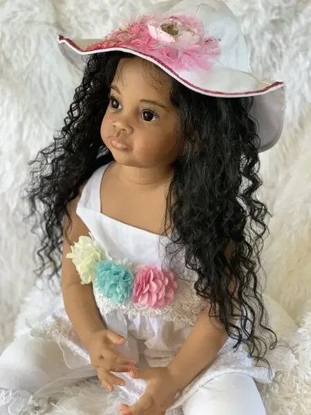 SINO-BB Customized Limited Supply 32inch Reborn Baby Meili Hand-Rooted Curly Black Long Hair Drak Skin Already Finihsed Doll